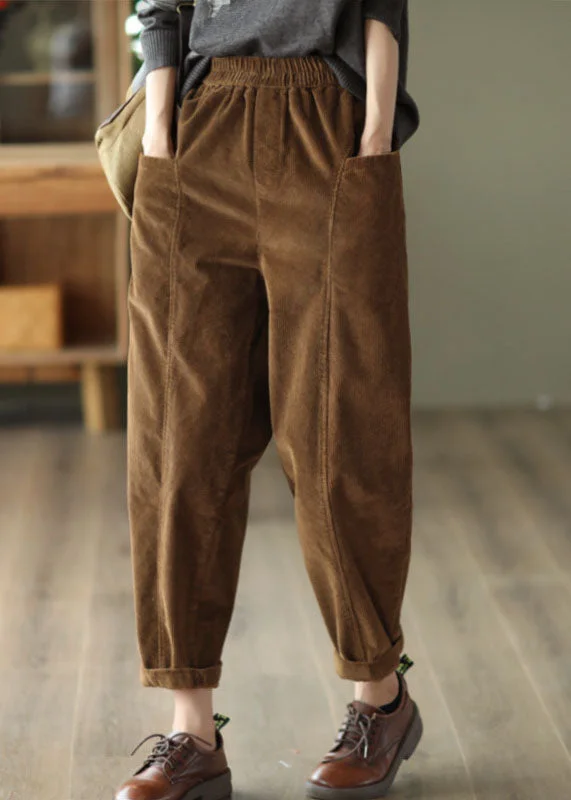 Caramel Patchwork Corduroy Harem Pants Oversized Pockets Spring