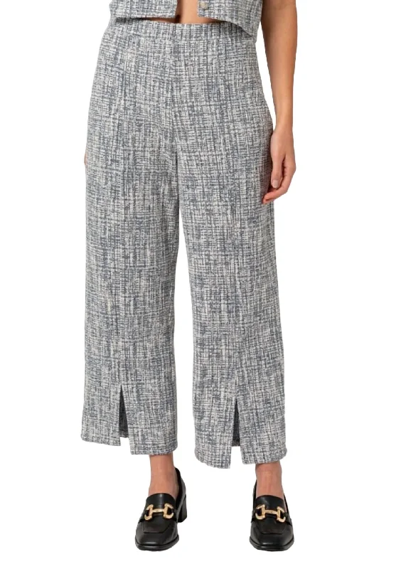 High Rise Split Hem Tweed Pants In White/navy