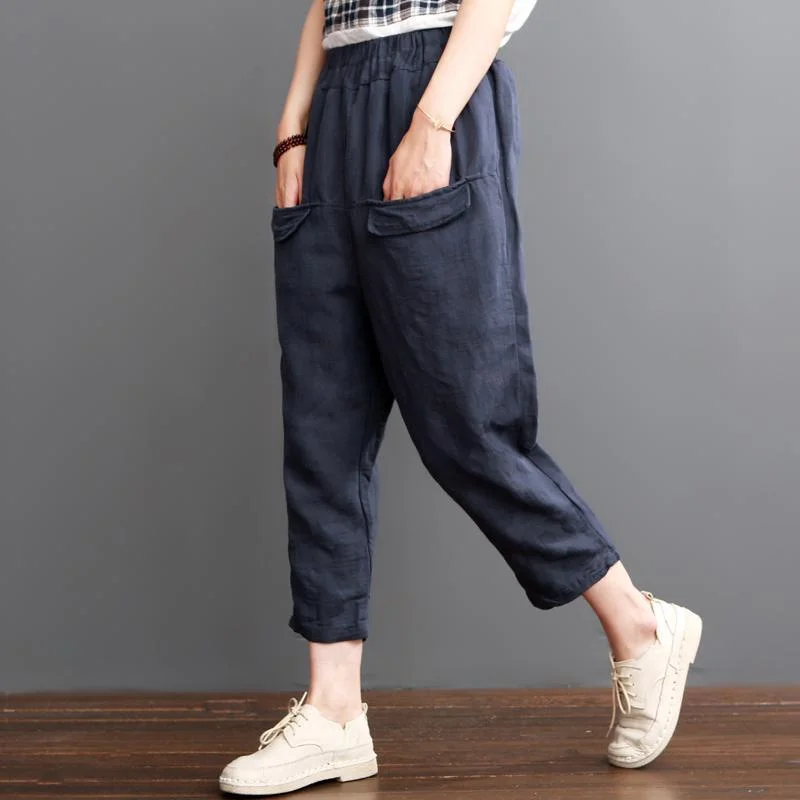 Navy linen pants crop trousers