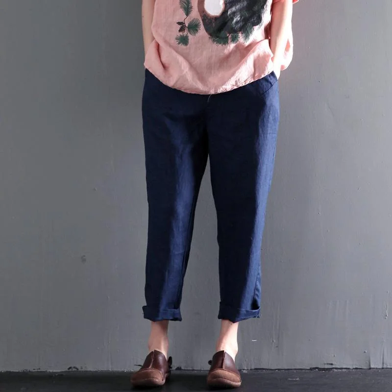 Navy linen summer pants plus size crop pants